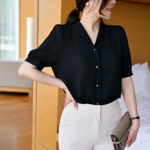 아나운서협찬 출근룩 하객룩 면접룩 오피스룩 격식룩 [단독] 숄카라 5부 반팔 블라우스(Free~77)