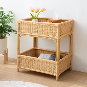 라탄 2단 선반장 나무선반 거실 테이블 원목수납 다용도 바구니 협탁 소품