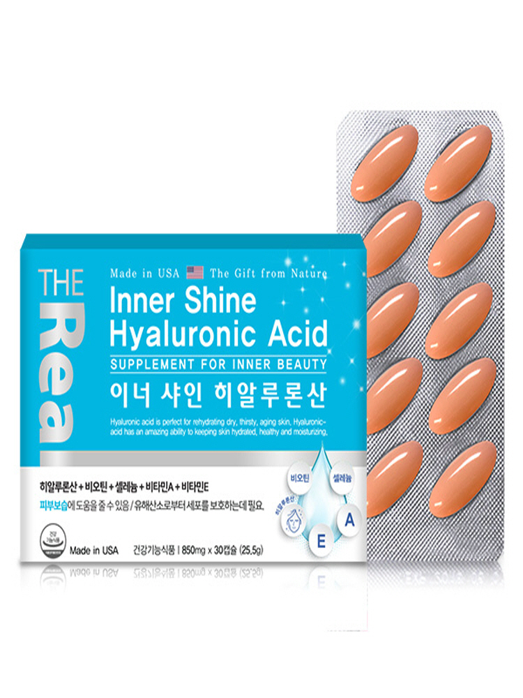 이너샤인 먹는 <b>히알루론산</b> 원액120mg 850mgx30캡슐 비오틴 셀레늄 생선 피쉬콜라겐 비타민A 비타민E 미네랄 식물성 배양유산균 수분 폭탄 충전 환절기피부건강 안정성과기능성인정