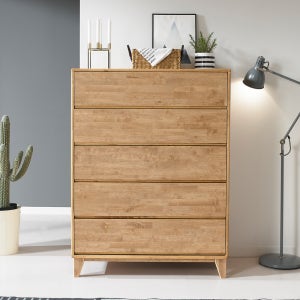 [우드와나] 원목 5단 와이드 고무나무 서랍장 800 침실 거실 옷서랍장