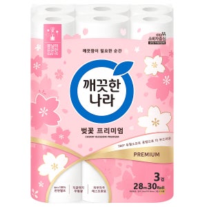 깨끗한나라 벚꽃 프리미엄 3겹 데코 30롤 1팩 두루마리 롤화장지 롤휴지 허브가든