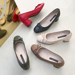 성수동 사각코 리본 통굽 미들힐 플랫 5cm 펌프스