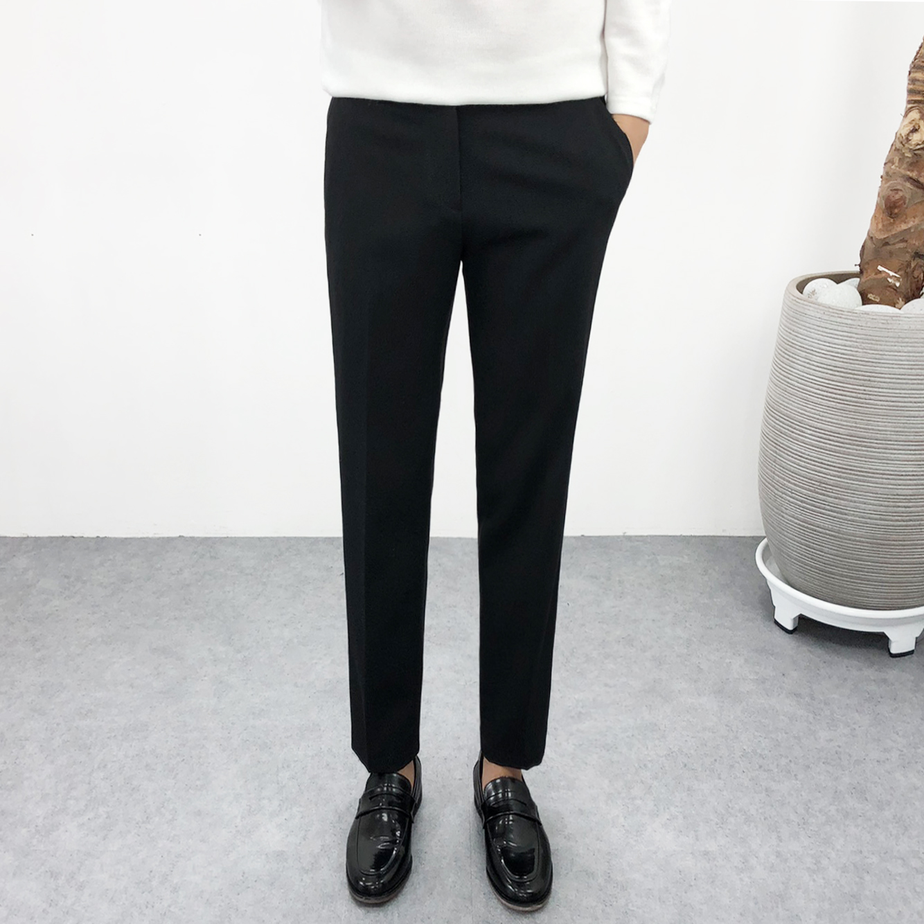 <b>남자</b> 슬랙스 <b>남성</b> 정장바지 가을 겨울 기모 9부 스판 밴딩 와이드 팬츠 빅사이즈 바지