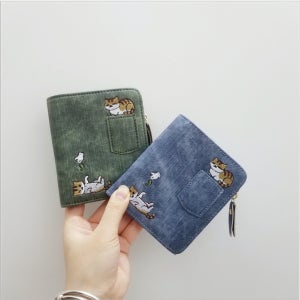 더캣 고양이자수 반지갑 중학생지갑 데님컬러 가죽 고양이캐릭터 지퍼 반지갑 선물용