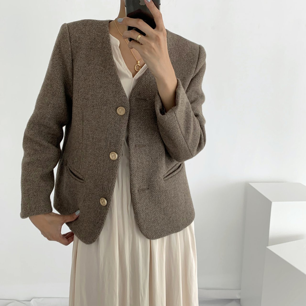 (세일)심플 베이직 여자 울 노카라 원버튼 자켓 아이보리 브라운 블랙
