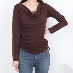 창고가 드레이프 앞판 이중 옆끈 긴팔티 여자 티셔츠 레이스 데일리룩 베이직 스판 일상룩