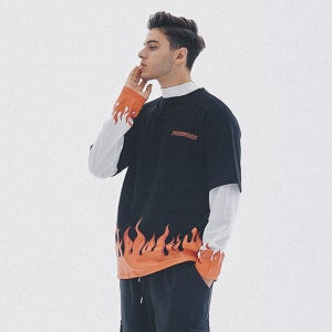 피버41 오버핏 파이어볼트 레이어드 롱슬립 반폴라티셔츠 / 불꽃 긴팔 쭉티