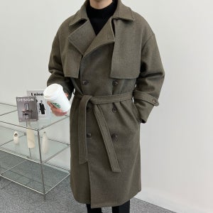 남자 겨울 오버핏 두꺼운 울 트렌치 코트