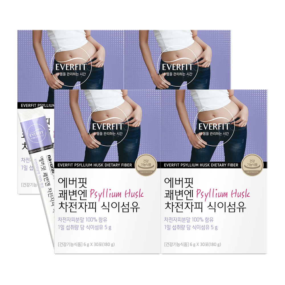 에버핏 <b>쾌변</b>엔 100% 차전자피 식이섬유 30포 4박스(4개월분)