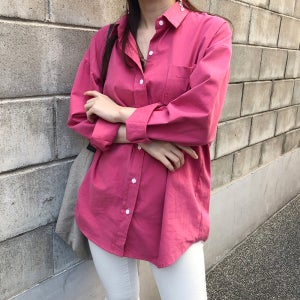 오버핏셔츠 여자남방 피치 기모 여성셔츠 긴팔 겨울 가을블라우스 핑크
