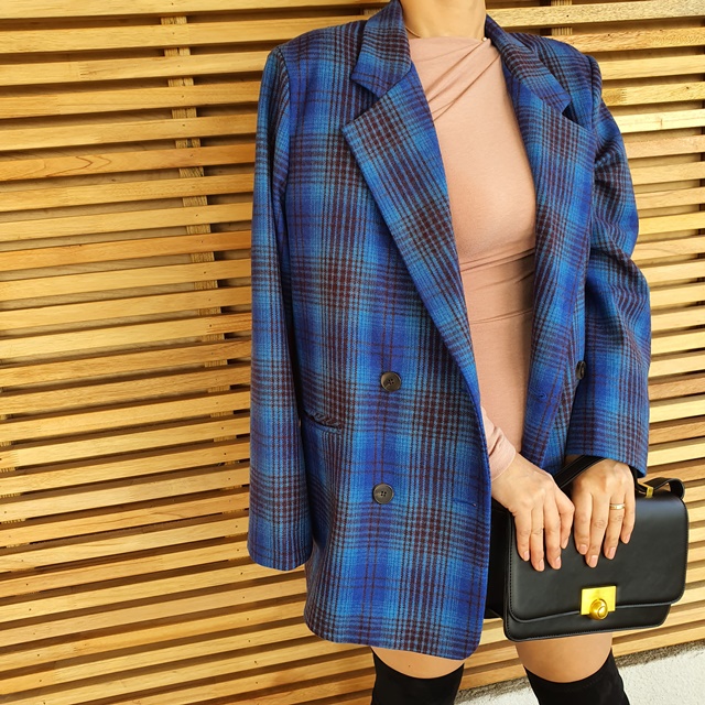 반전 체크 모직 루즈핏 자켓 (블루, 카키)