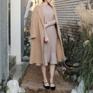 니트 플레어 골지 머메이드 정장 롱 원피스 (베이지 블랙) 하객 결혼식 봄 겨울