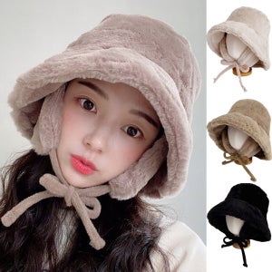 밍크 털 귀달이 끈 벙거지모자 방한 겨울 버킷햇