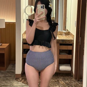 [당일출고]렌나 미니프릴 블랙체크 하이웨스트 비키니