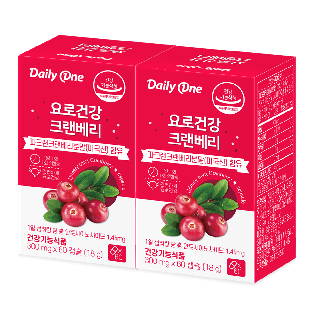 데일리원 요로건강 <b>크랜베리</b> 여성 영양제 <b>300mg</b> X 60캡슐 2통