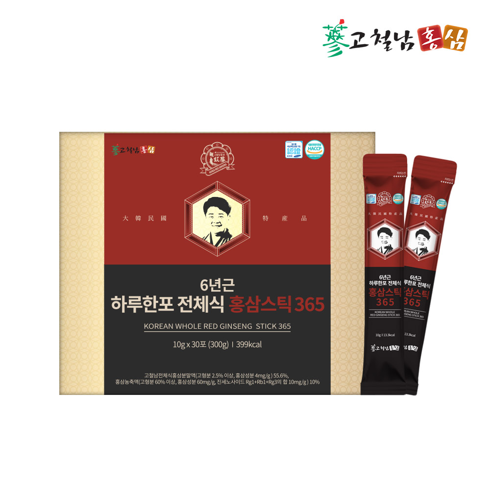 6년근 <b>고려 홍삼정</b> 하루한포 전체식 홍삼 스틱 365 녹용 선물세트 30포, 1개