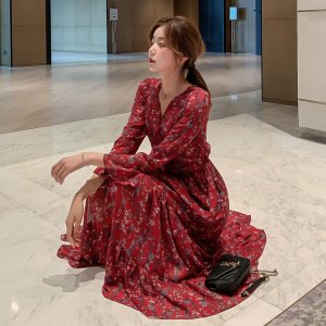 쉬폰 브이넥 롱 맥시 원피스 가을 샤랄라 플라워 나염 드레스 르네 레드 하객 여성 긴팔