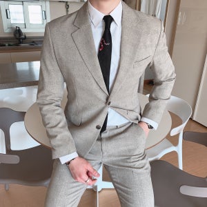 결혼식하객룩 클래식 베이지 체크정장 코디 슬림핏 스판수트 웨딩촬영 예복 상견례 창원정장