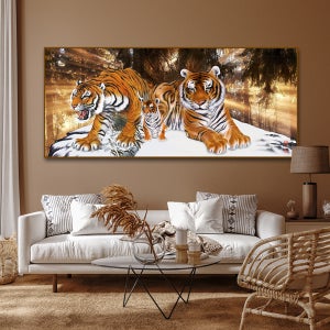 호랑이 그림 맹호도 액운 막는 풍수 인테리어 캔버스액자 숲속의황호가족3마리 70x34cm