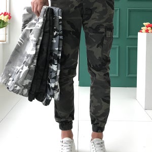 남자 카모 워싱 면 스판 뒷 밴딩 카고 조거팬츠 빅 사이즈