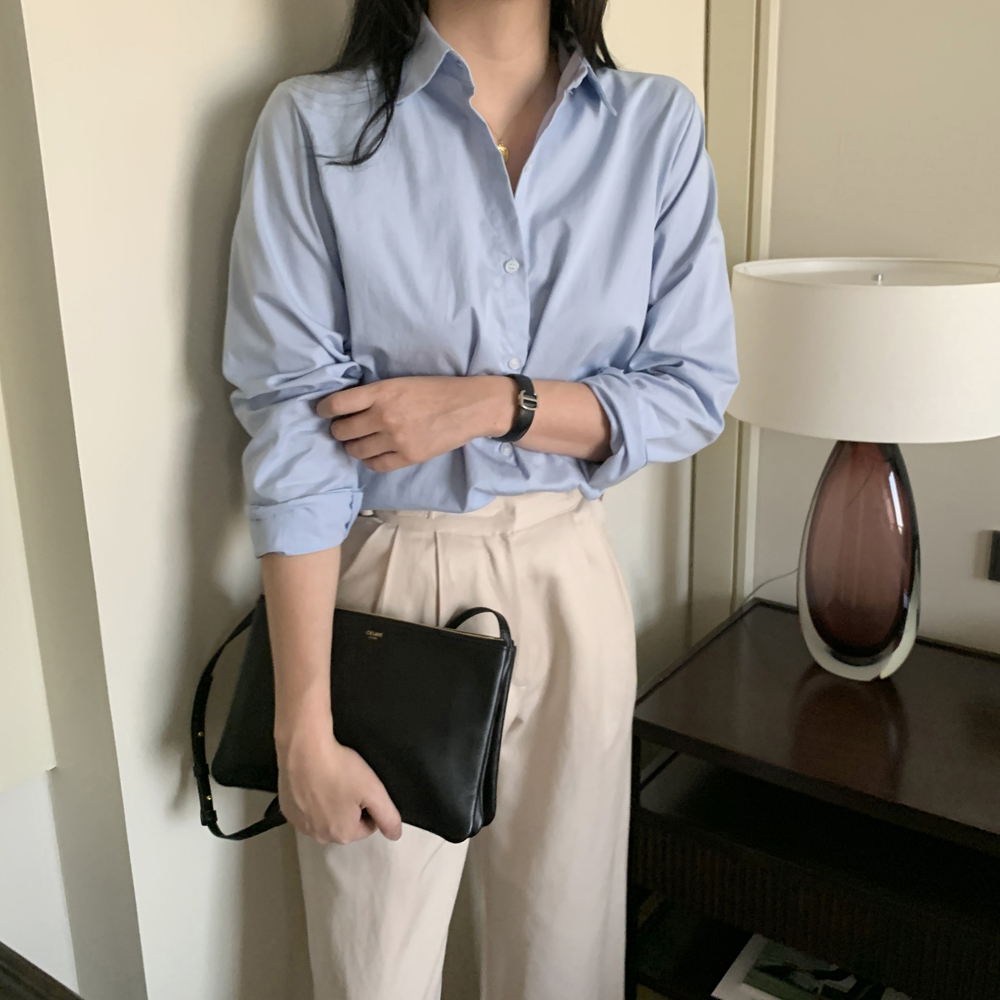 기본 면 카라 레이어드 루즈핏 여성 셔츠 봄 면셔츠 여자남방 소라색 하늘색 화이트 오피스룩