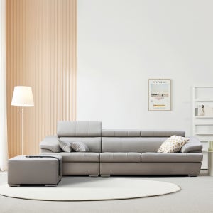 동서가구 플렉스 천연소가죽 4인소파 + 스툴포함, 라이트그레이