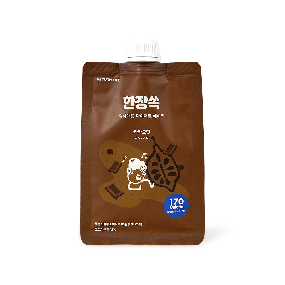 한장쏙 식사대용 다이어트 단백질 쉐이크 파우치 팩 맛있는 하루한끼 초코 <b>카카오맛</b> 45g