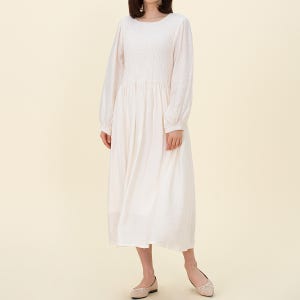 봄 가을 여리여리 레이어드 이너 퍼프 소매 주름 플레어 롱 원피스 (햇살가득)