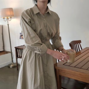 (컬러추가)커멜 카라넥 셔츠형 밴딩 루즈핏 가을 여성 롱원피스 3color 베이지 네이비
