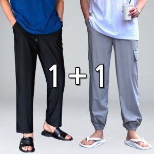 1+1 남자 냉장고바지 여름 쿨 냉감 스판 밴딩 와이드팬츠 카고 반바지 조거팬츠