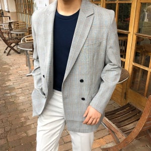 체크 그레이 더블 블레이져