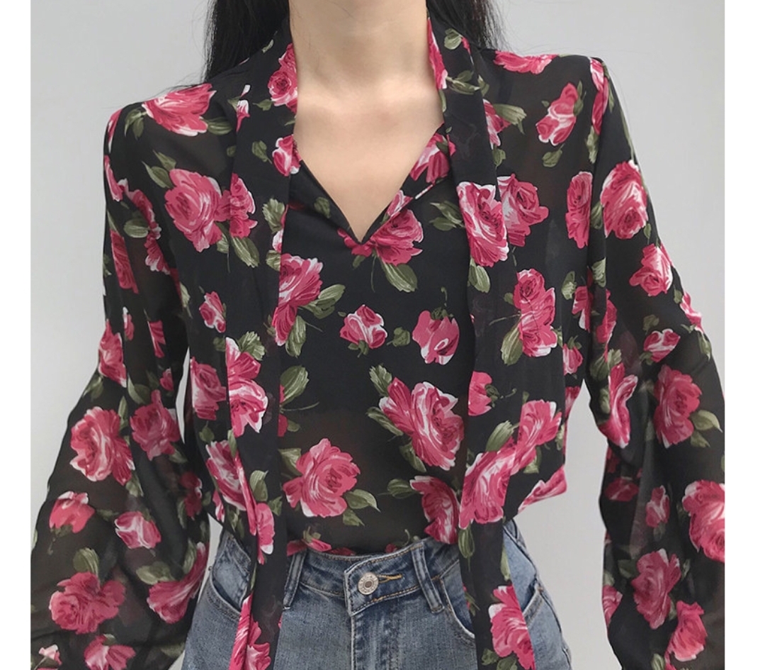블랙 플라워 블라우스 리본 쉬폰 오피스 데일리 데이트 (아이보리,블랙 )