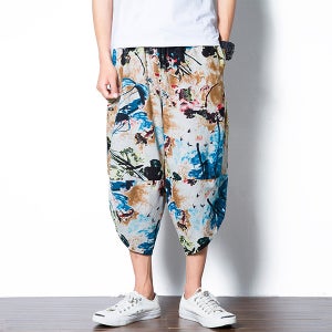 아트페인팅 와이드 린넨 7부바지 남성 칠부밴딩팬츠