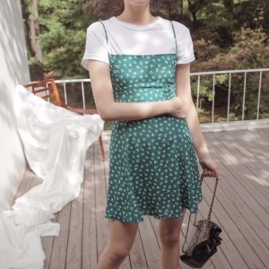 사라 원피스 그린 초록 미니 오프숄더 민소매 드레스 리포