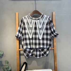 타임특가(당일발송)이중 레이스 카라 체크 블라우스