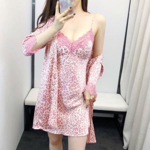 고급 핑크 레오파드 슬립 가운 세트