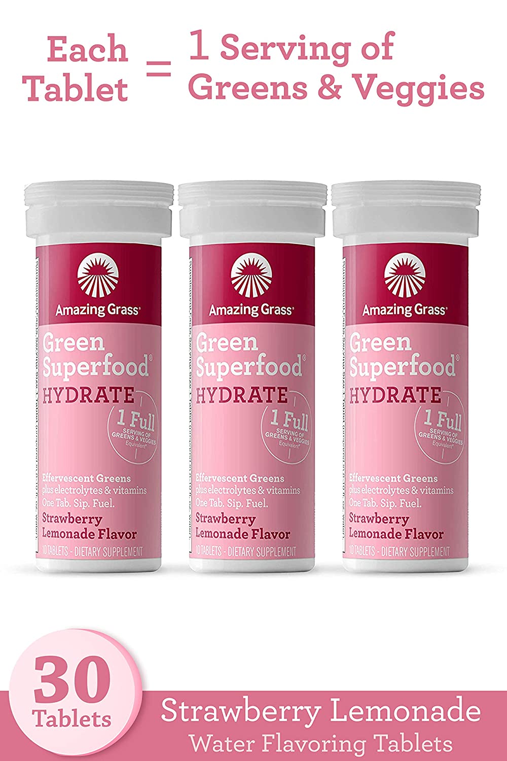 Amazing Grass, Green Superfood, 발포성 녹색 채소 딸기<b>레모네이드</b>맛, 30정