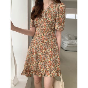 20여름신상 플라워 브이넥 슬림핏 미디 원피스