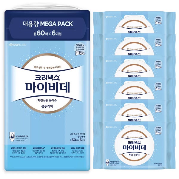 마이비데 물티슈 캡형 60매 x 6팩 비데 화장실 비데티슈