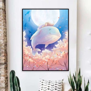 귀여운 고래와 소녀 대형 보석십자수 DIY세트 큐빅 비즈십자수 공예 집순이취미 인테리어 40x55cm