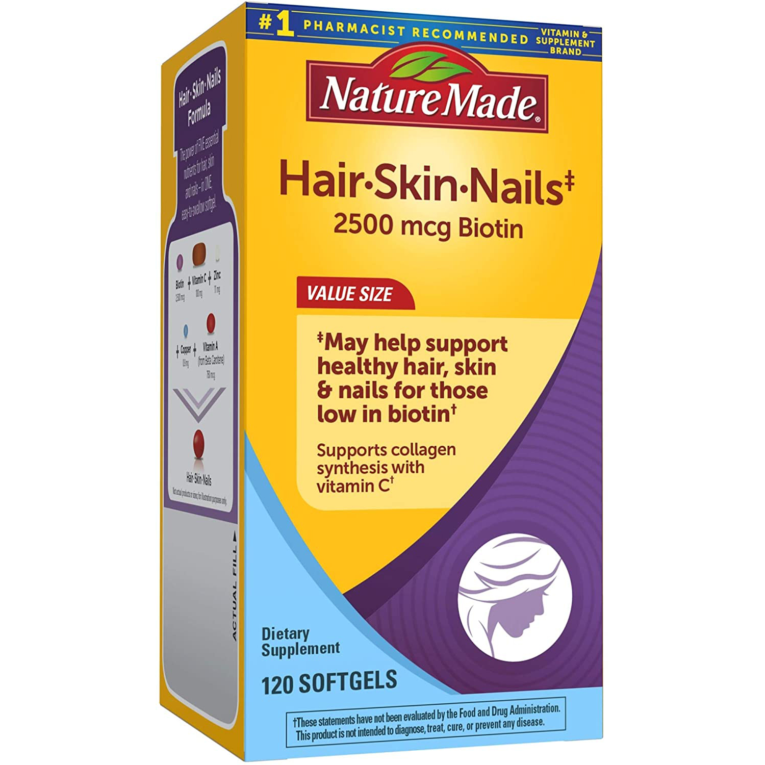 Nature Made Hair, Skin &amp; Nails with 2500 mcg of <b>Biotin</b> Softgels, 네이처메이드 <b>비오틴</b> 120정