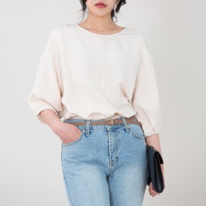 [특가세일/원가이하] 린넨 여름 라운드 7부 퍼프 소매 벌룬 쿨 블라우스 (로즈)