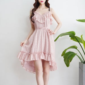 핑크빛 사랑스러운 플레어 끈원피스 섹시홀복 레이스 프릴 소녀풍