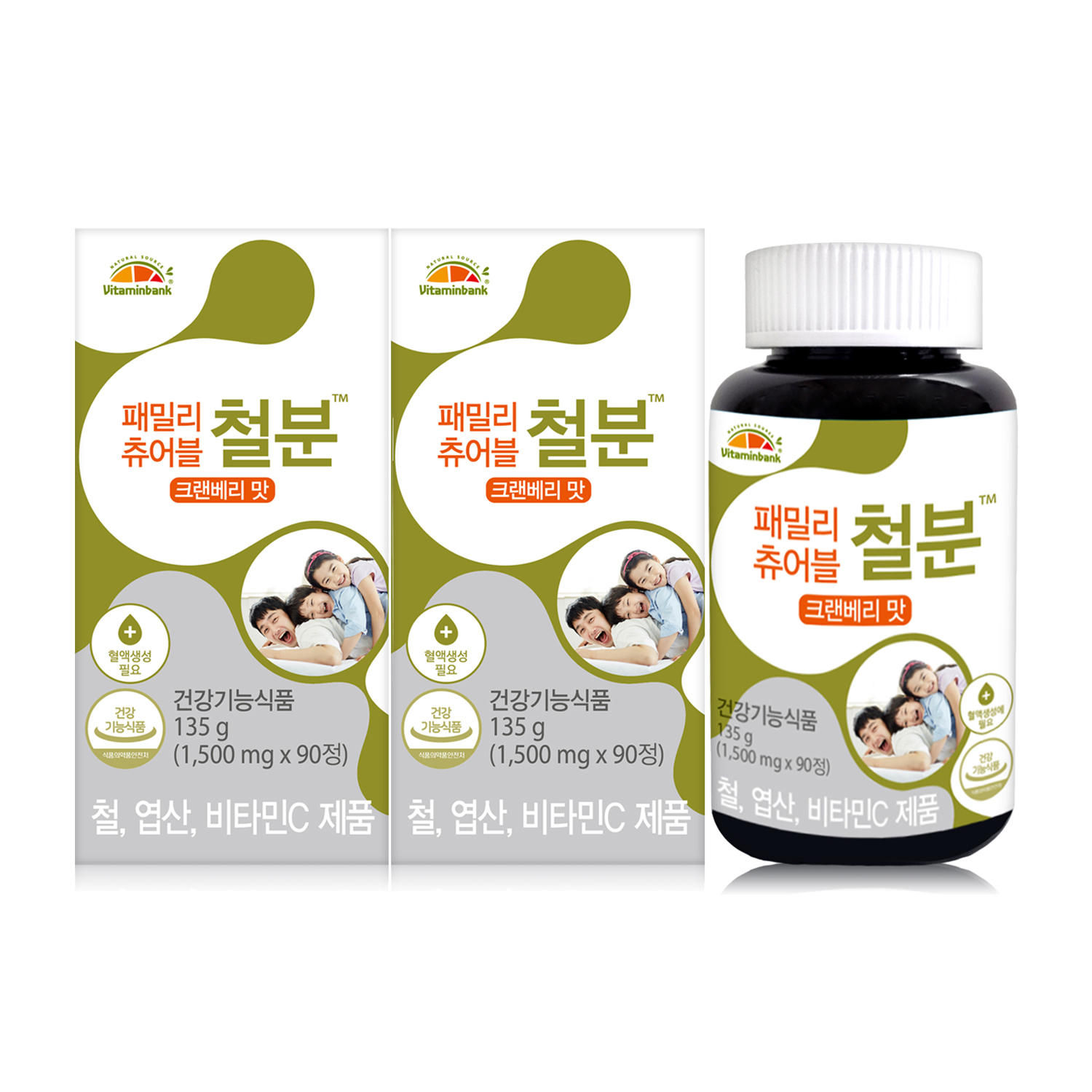 [<b>비타민뱅크</b>] 패밀리 츄어블 철분 크랜베리맛 90정 2박스 6개월분
