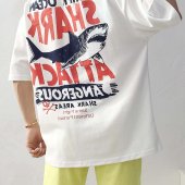 남자 오버핏 샤크 프린팅 여름 반팔 티셔츠 이미지