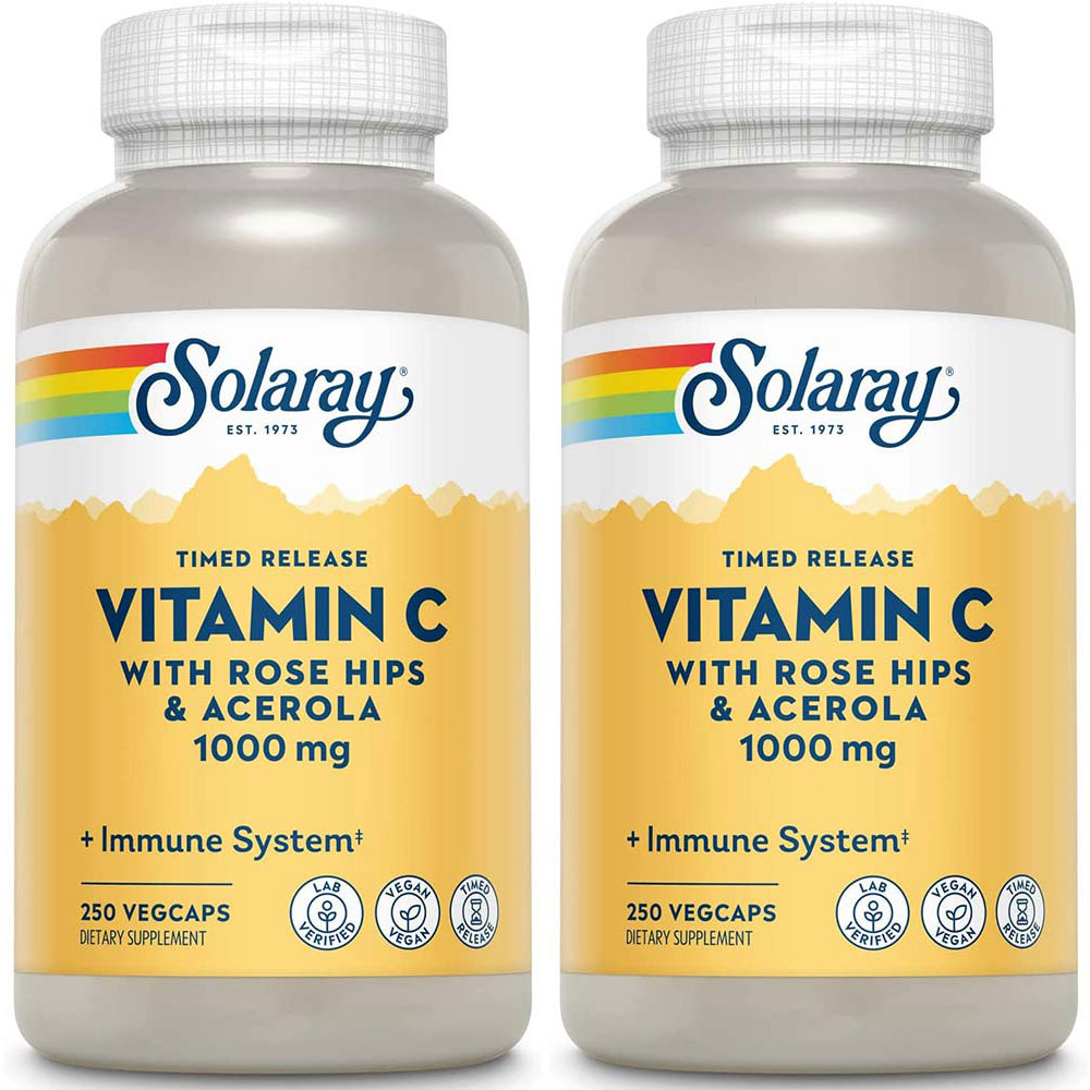 Solaray Timed-Release Vitamin C 솔라레이 비타민C with 로즈힙 &amp; 아세로라 1000mg 250캡슐 2팩