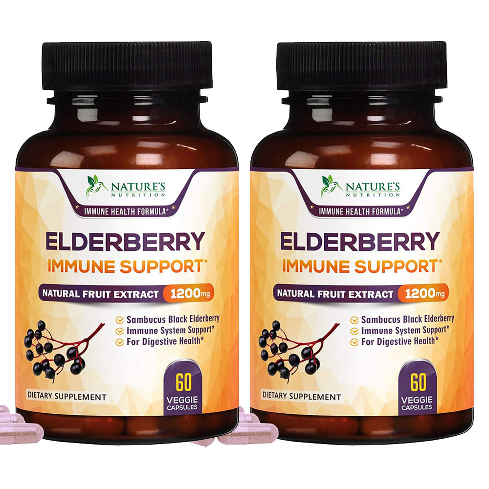 Natures Nutrition Elderberry Extra 1200mg 네이쳐스 뉴트리션 엘더베리 이뮨 서포트 1200mg 식물성캡슐 60정 2팩