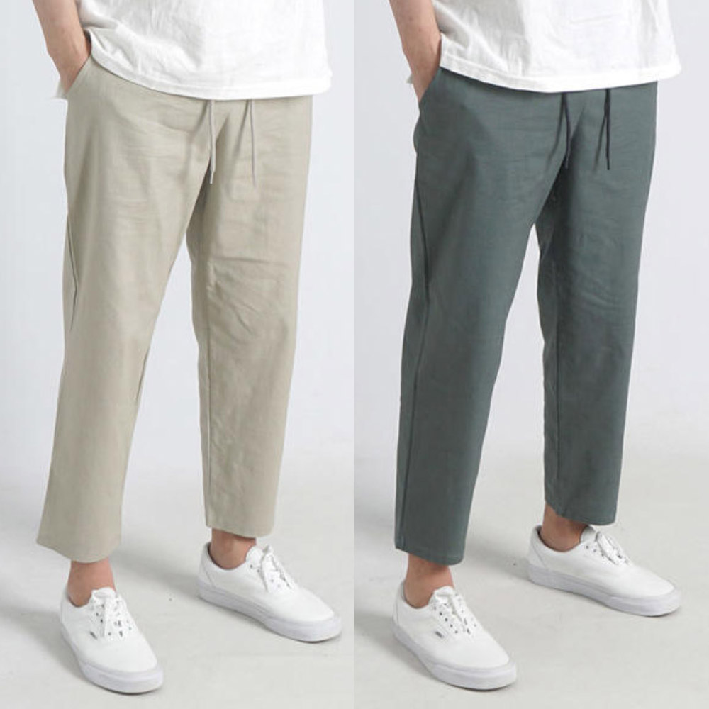 남자면바지 <b>린넨</b>바지 스판 밴딩 빅사이즈 치노 팬츠 9부 고무줄 편한 여름