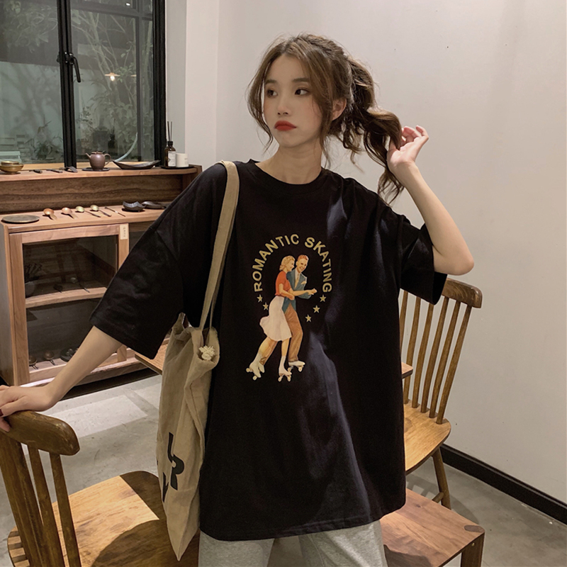 여름 여성 루즈핏 라운드넥 로맨틱 레트로 프린트 화이트 블랙 그래픽 디자인 반팔 티셔츠