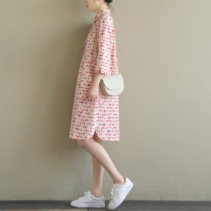 여름 코튼 윙카라 핑크 도트 7부 셔츠원피스 심플하고 클래식한 데일리룩